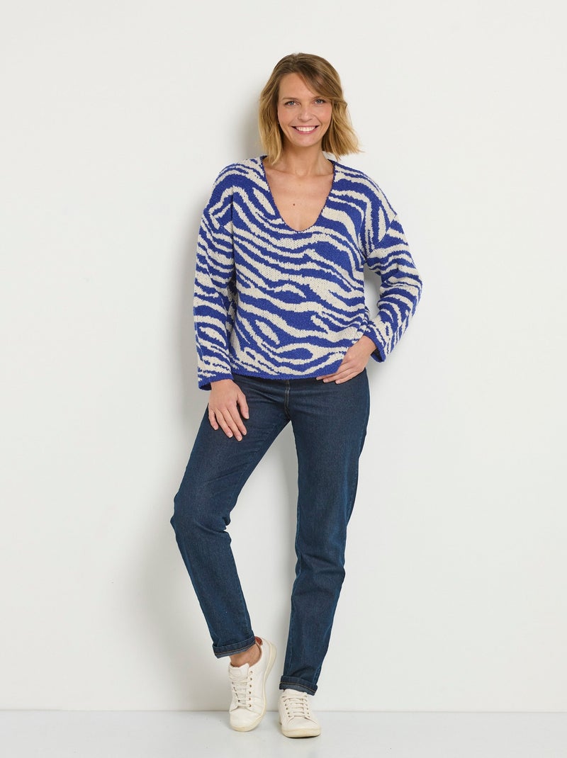 Pull col V maille mousseuse motif zèbre - AFIBEL Bleu Blanc - Kiabi