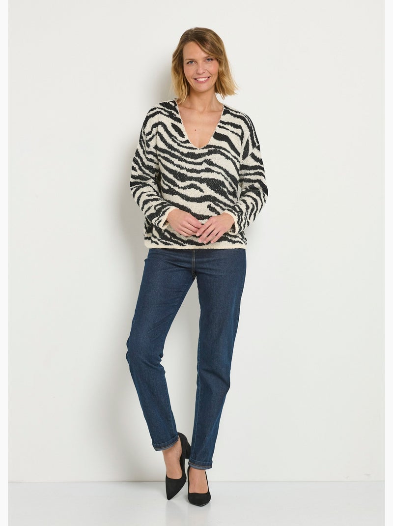 Pull col V maille mousseuse motif zèbre - AFIBEL Noir - Kiabi
