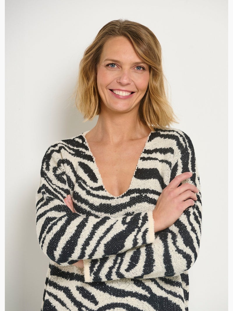 Pull col V maille mousseuse motif zèbre - AFIBEL Noir - Kiabi
