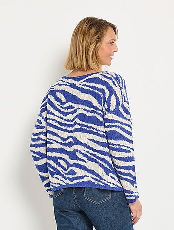 Pull col V maille mousseuse motif zèbre