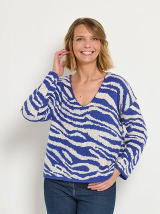 Pull col V maille mousseuse motif zèbre