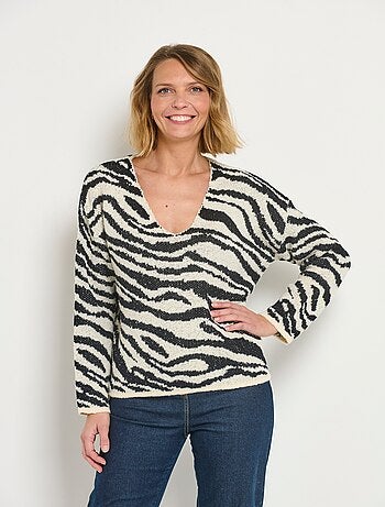 Pull col V maille mousseuse motif zèbre