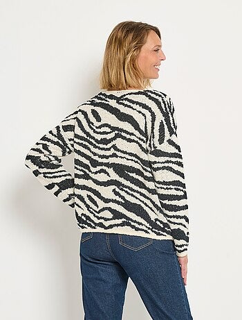 Pull col V maille mousseuse motif zèbre