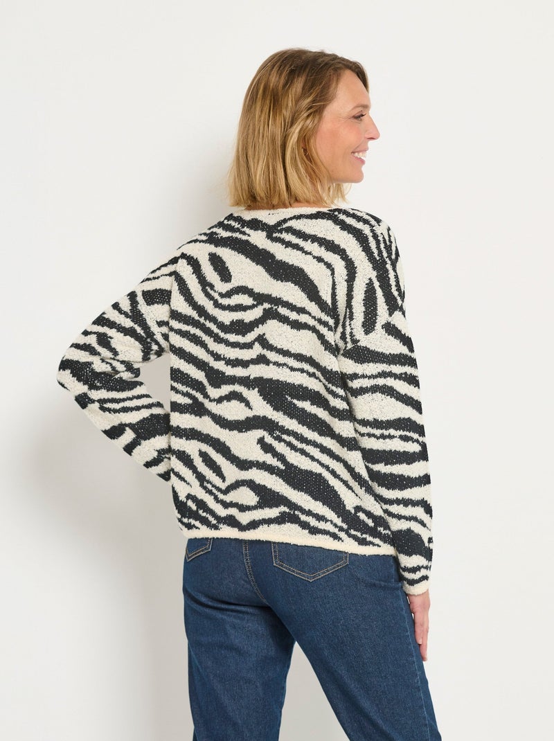 Pull col V maille mousseuse motif zèbre Noir Blanc - Kiabi