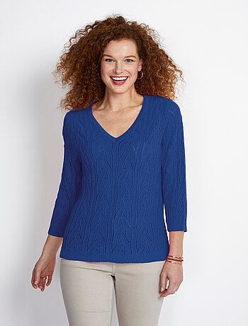 Pull col V manches 3/4 maille ajourée