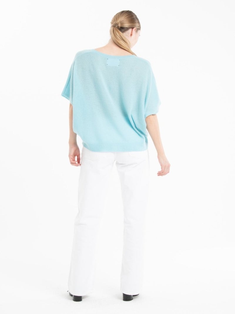 Pull col V manches chave souris femme 100% cachemire - RIA 25 Bleu turquoise - Kiabi