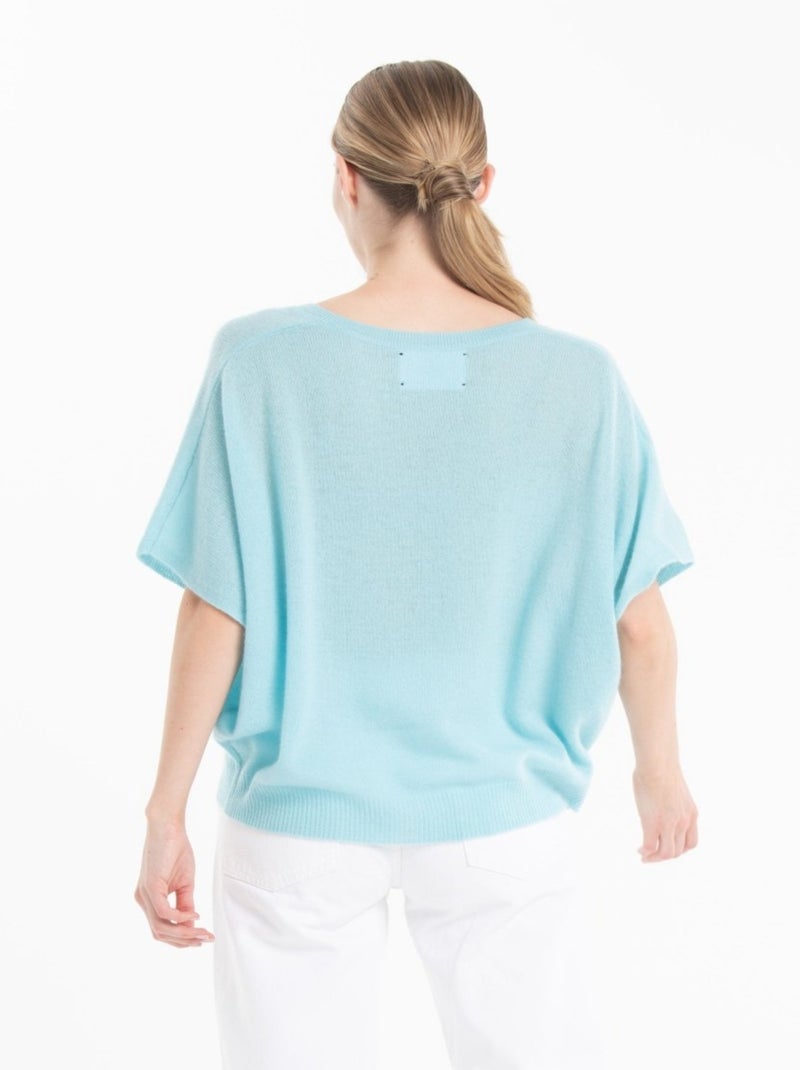 Pull col V manches chave souris femme 100% cachemire - RIA 25 Bleu turquoise - Kiabi