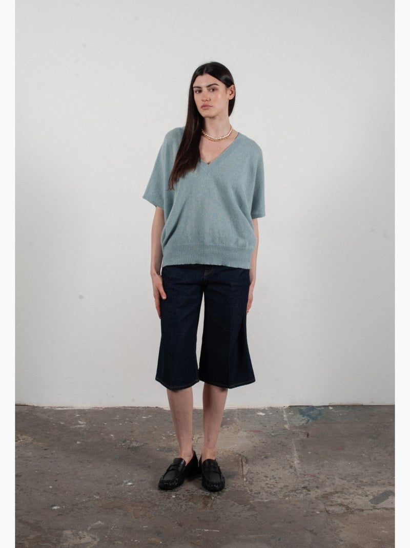 Pull col V manches chave souris femme 100% cachemire - RIA 25 Vert d'eau - Kiabi