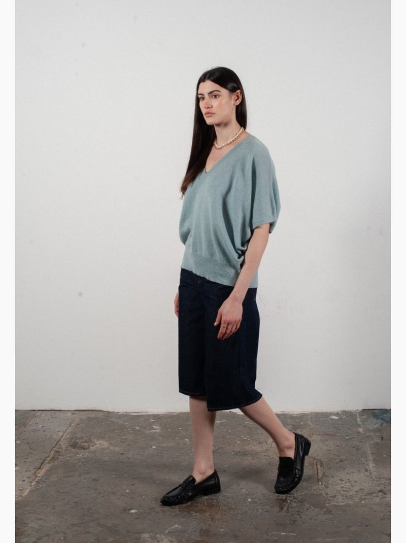 Pull col V manches chave souris femme 100% cachemire - RIA 25 Vert d'eau - Kiabi