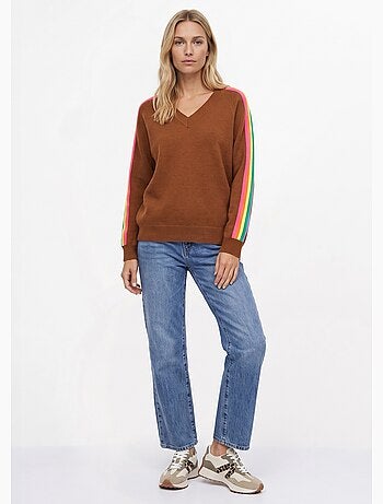 Pull col v manches lignes multicolores - afibel