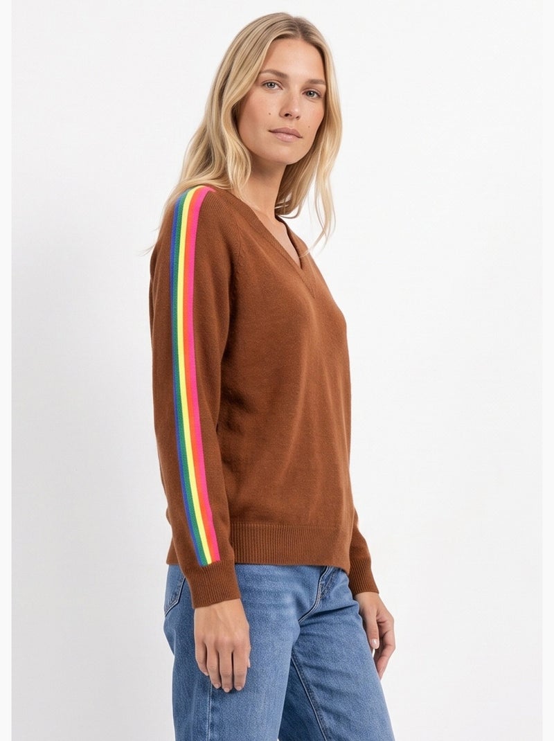 Pull col v manches lignes multicolores - afibel Camel - Kiabi