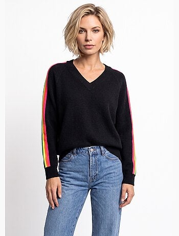 Pull col v manches lignes multicolores - afibel