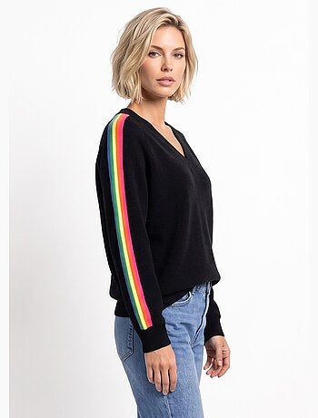 Pull col v manches lignes multicolores - afibel