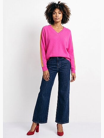 Pull col v manches lignes multicolores - afibel