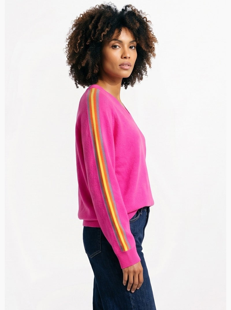 Pull col v manches lignes multicolores - afibel Rose fushia - Kiabi