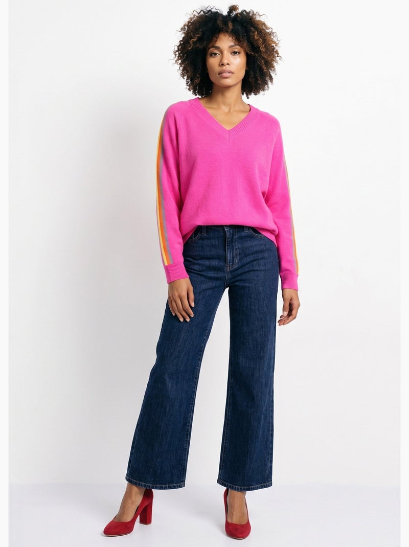 Pull col v manches lignes multicolores - afibel Rose fushia - Kiabi
