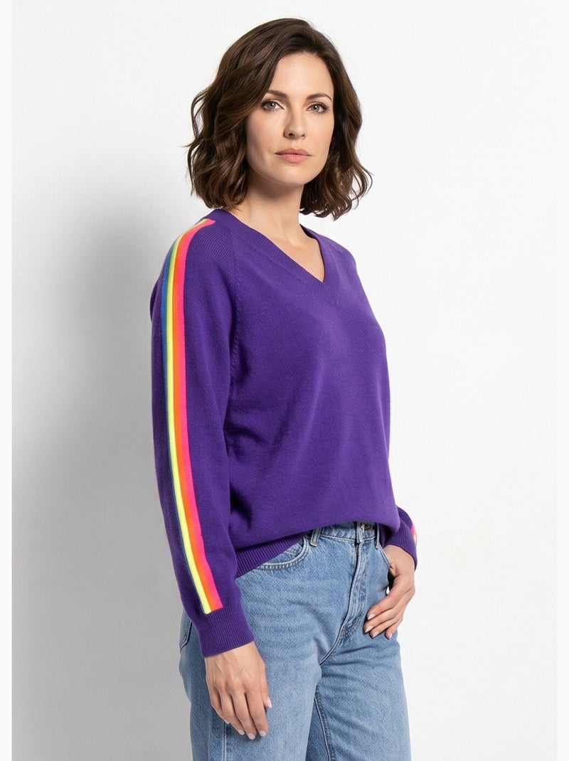 Pull col v manches lignes multicolores - afibel Violet - Kiabi