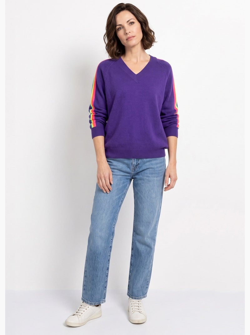 Pull col v manches lignes multicolores - afibel Violet - Kiabi