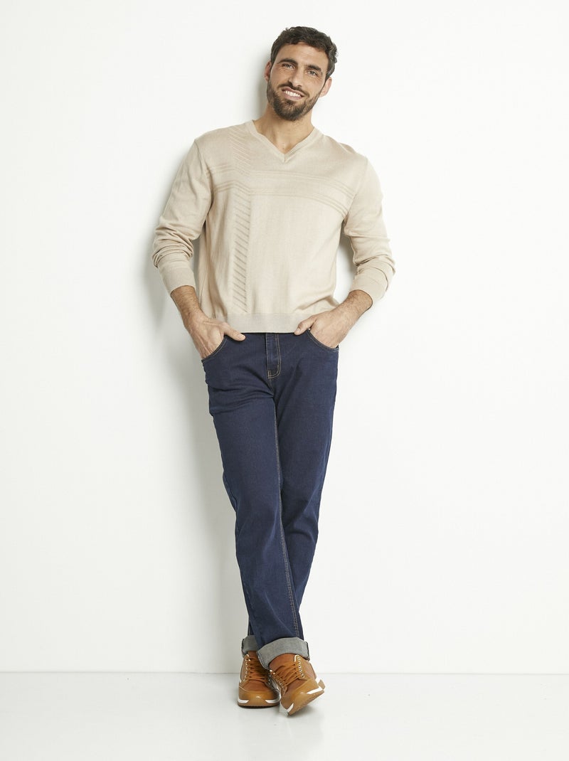 Pull col V manches longues coton - Afibel Beige - Kiabi