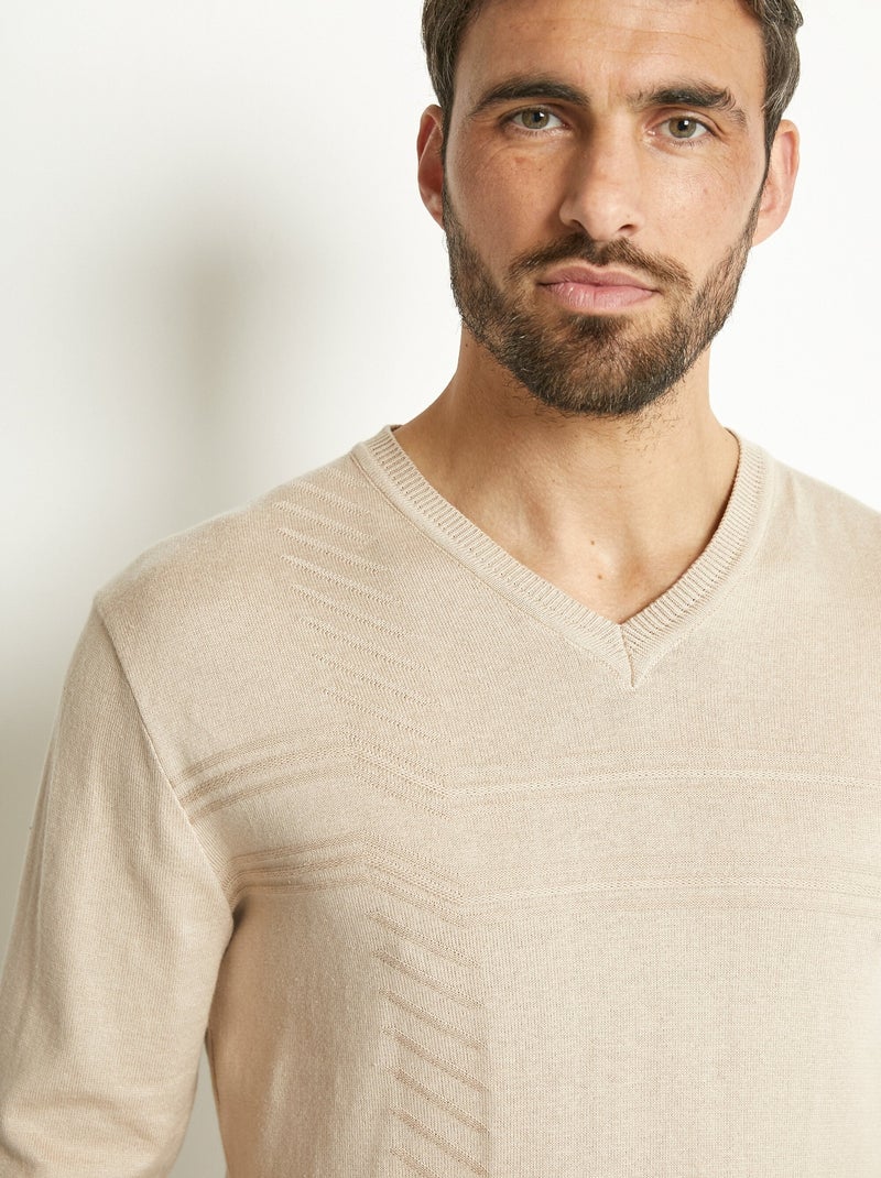 Pull col V manches longues coton - Afibel Beige - Kiabi
