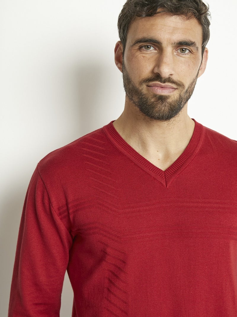 Pull col V manches longues coton Bordeaux - Kiabi