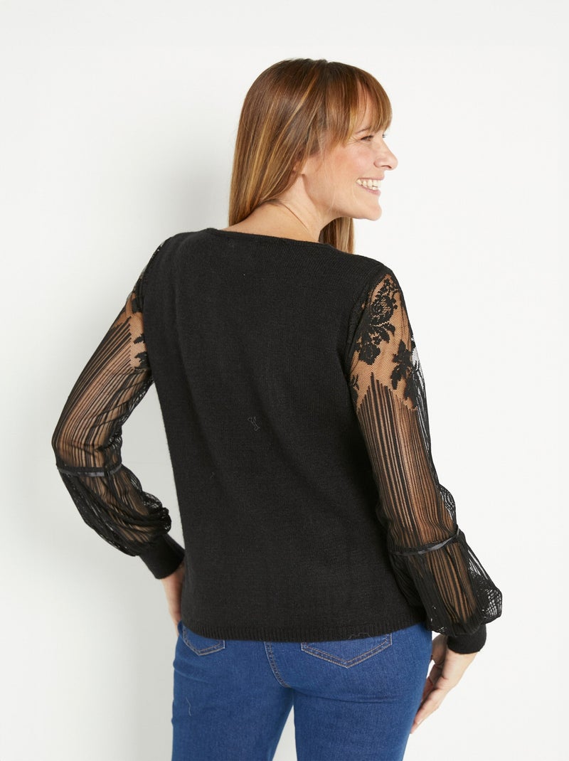 Pull col V manches résille et dentelle Noir - Kiabi