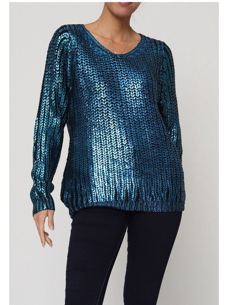 Pull col v Métallisé Kebello Bleu - Kiabi