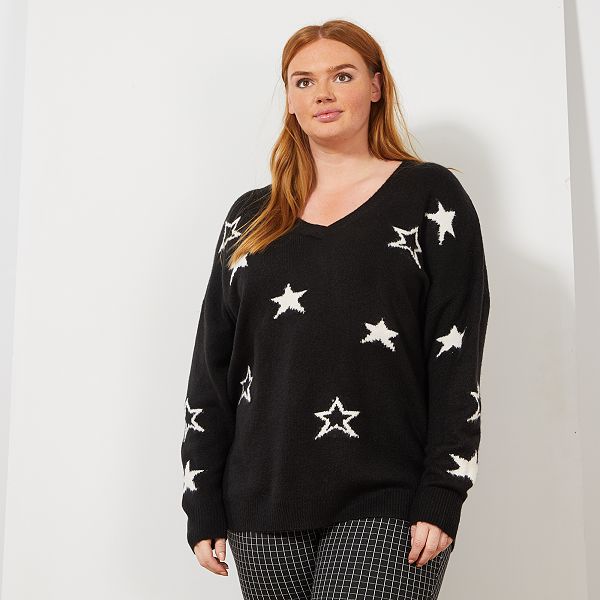 Pull col V Grande taille femme - noir - Kiabi - 20,00€