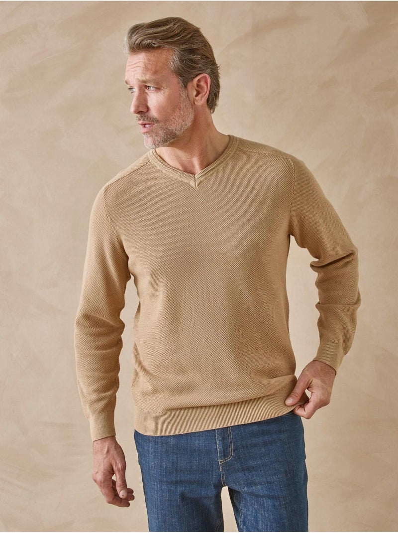 Pull col V pur coton - DAXON Beige - Kiabi