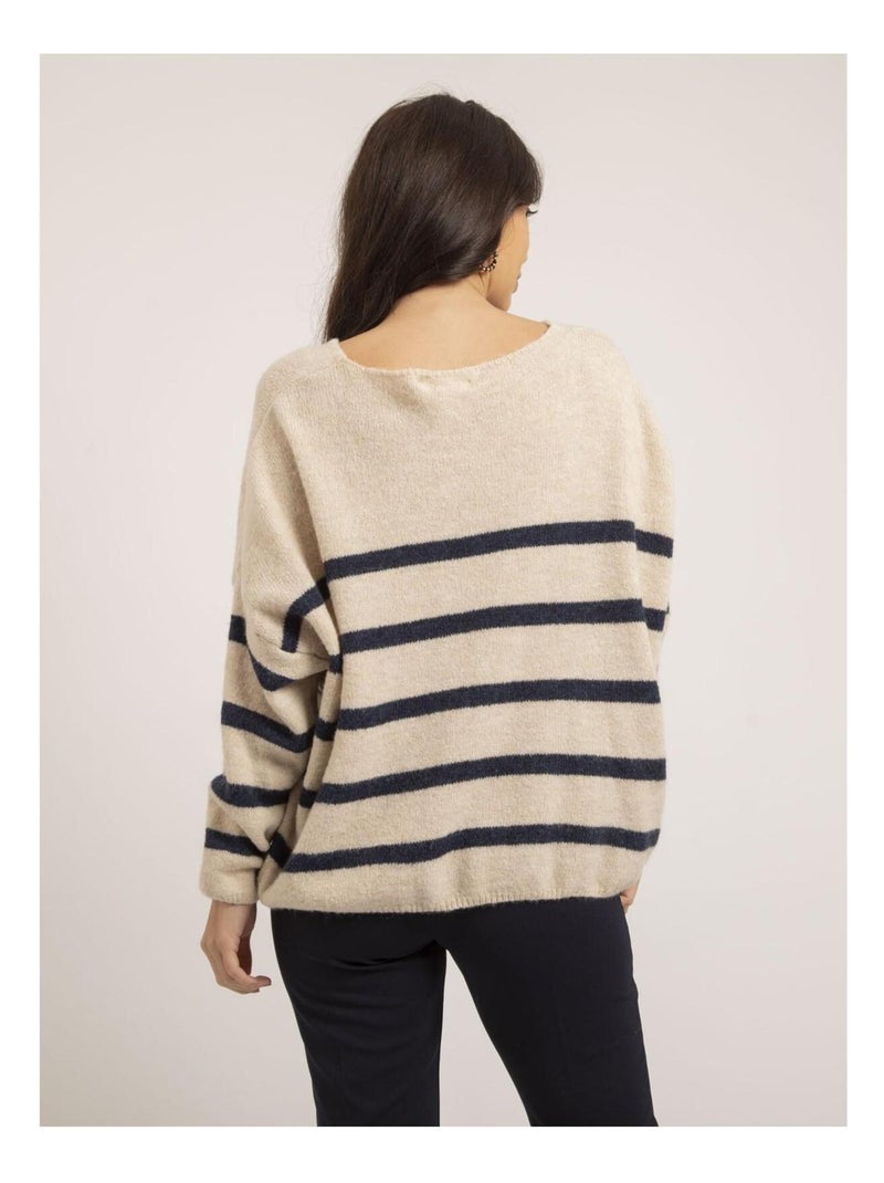 Pull col V rayures KLERVI Bleu marine - Kiabi