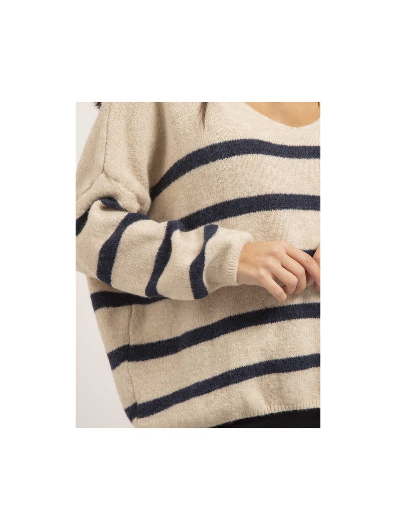 Pull col V rayures KLERVI Bleu marine - Kiabi