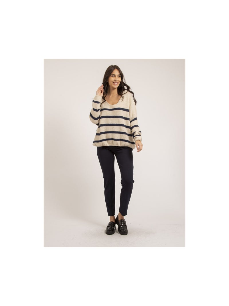 Pull col V rayures KLERVI Bleu marine - Kiabi