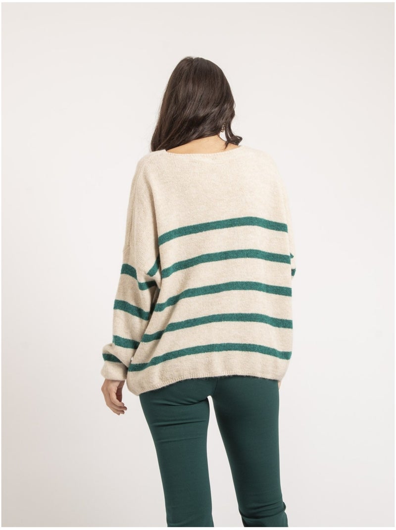 Pull col V rayures KLERVI Vert - Kiabi