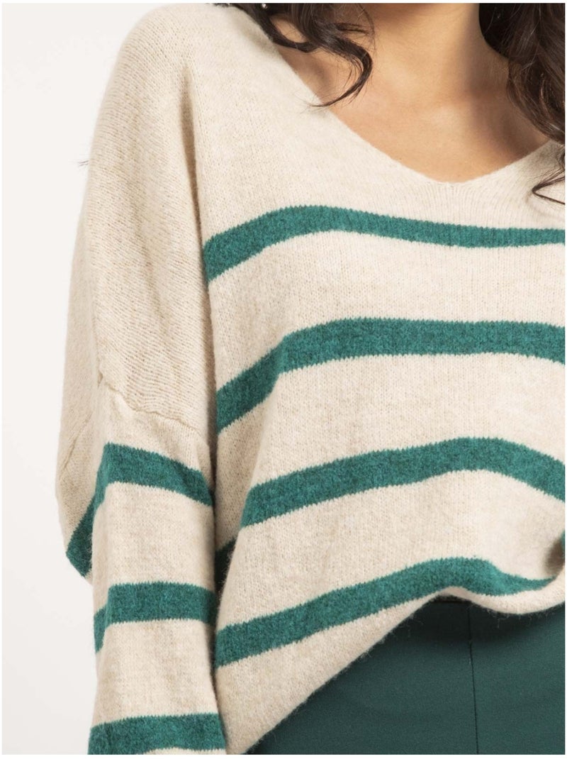 Pull col V rayures KLERVI Vert - Kiabi