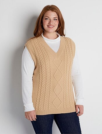 Pull col V sans manches maille fantaisie