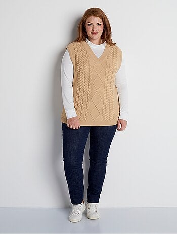 Pull col V sans manches maille fantaisie
