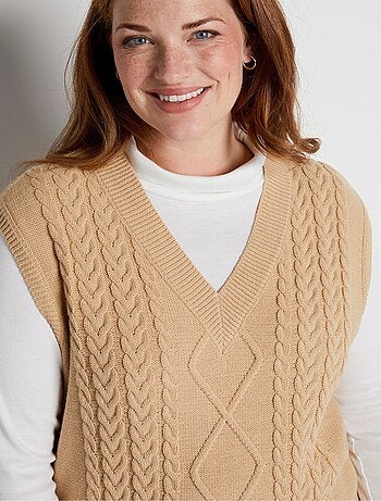 Pull col V sans manches maille fantaisie