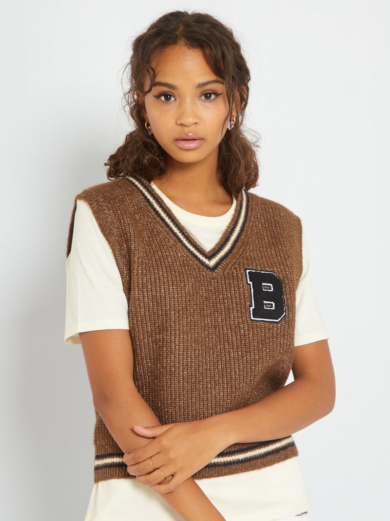 Pull col V sans manches Marron - Kiabi
