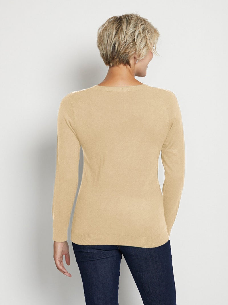 Pull col V strassé manches longues - Afibel Beige - Kiabi