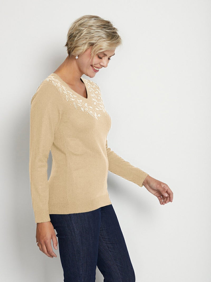 Pull col V strassé manches longues - Afibel Beige - Kiabi