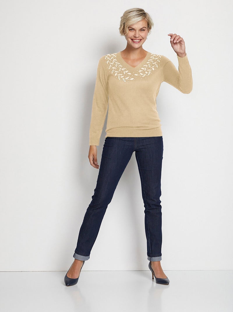 Pull col V strassé manches longues - Afibel Beige - Kiabi