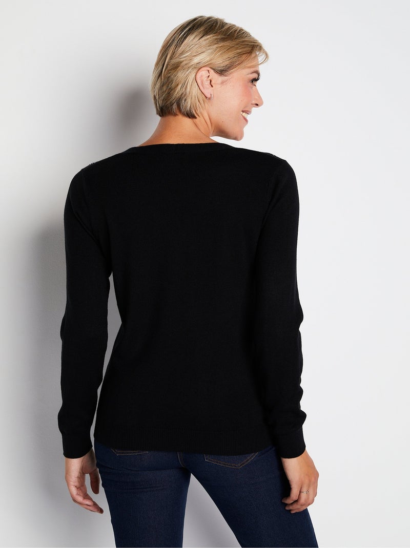 Pull col V strassé manches longues - Afibel Noir - Kiabi