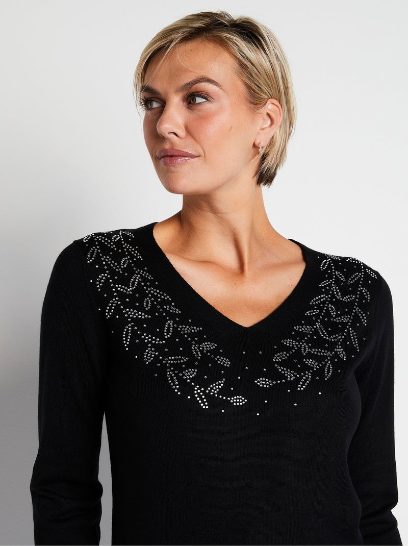 Pull col V strassé manches longues - Afibel Noir - Kiabi