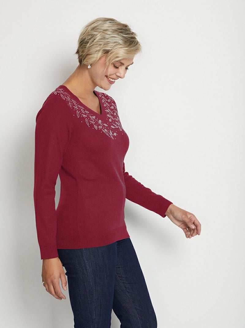 Pull col V strassé manches longues - Afibel Rouge - Kiabi