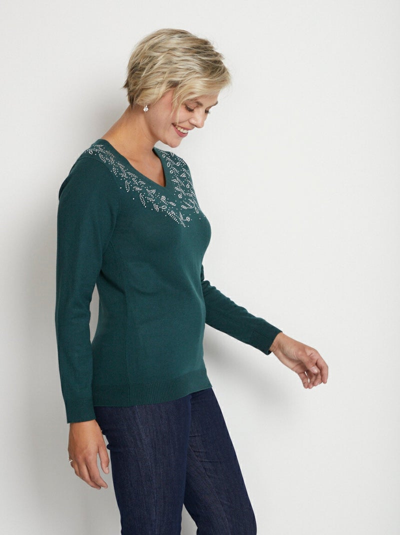 Pull col V strassé manches longues - Afibel Vert sapin - Kiabi