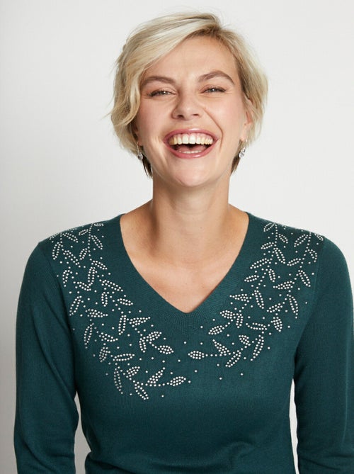 Pull col V strassé manches longues - Afibel - Kiabi