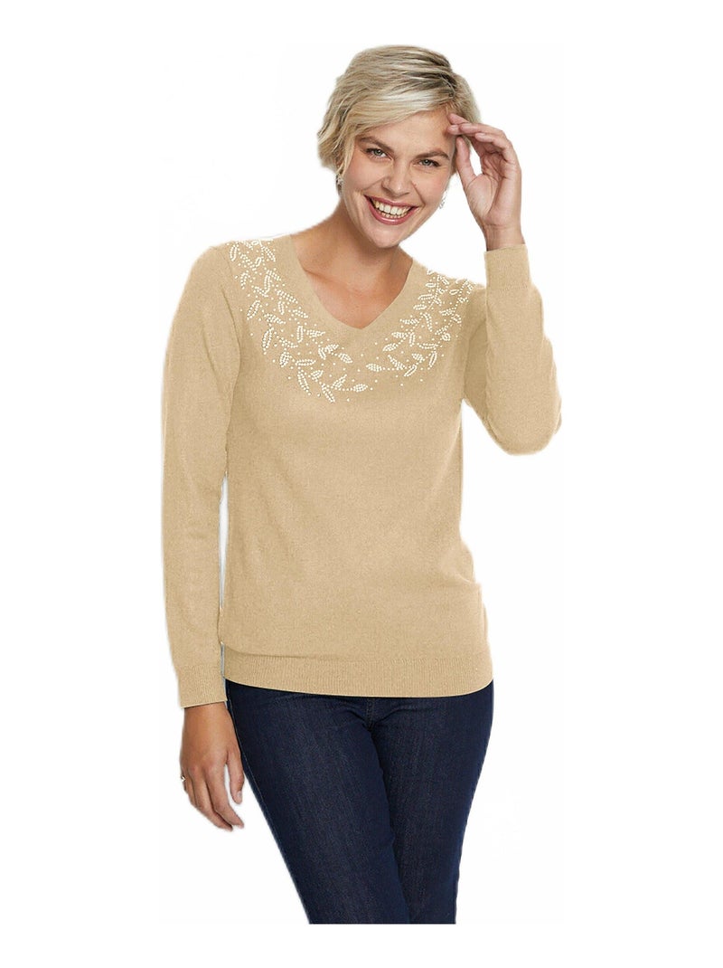 Pull col V strassé manches longues Beige - Kiabi