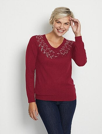 Pull col V strassé manches longues