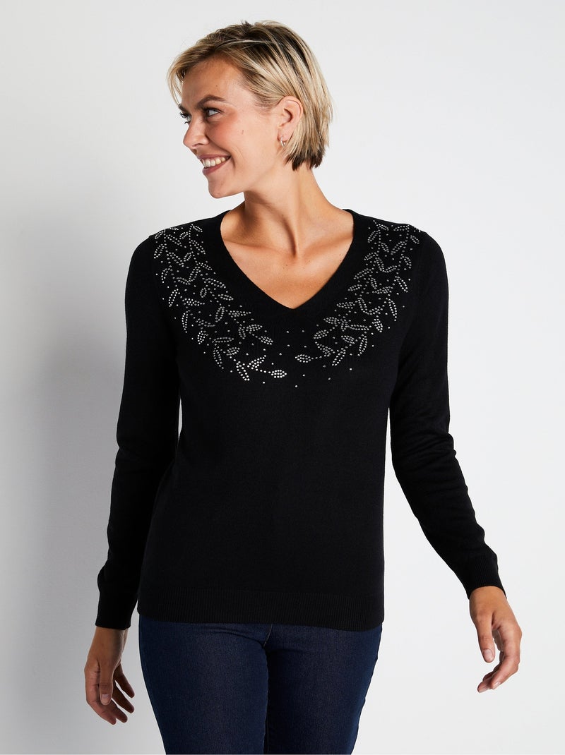 Pull col V strassé manches longues Noir - Kiabi