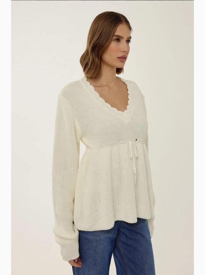 Pull col v tranché avec détails noués hiccup Beige naturel - Kiabi
